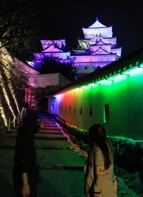庭園や通路も華やかに輝いた夜の姫路城＝２５日夜、姫路市本町