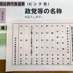 投票所に貼られている比例代表の届け出政党名と略称の一覧＝神戸市役所