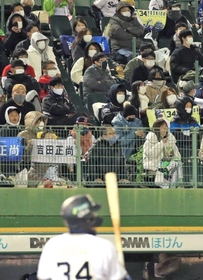 防寒具で寒さをしのいで応援する観戦客ら＝２７日午後、ほっともっとフィールド神戸