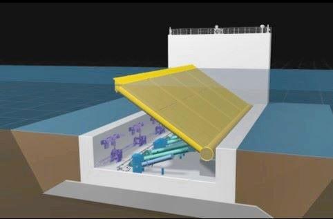 水門の鋼板が起き上がるイメージ・浮上途中（兵庫県提供）
