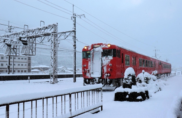 大雪の中を走るＪＲ和田山駅に進入する播但線の列車＝朝来市内、１８日午前７時１８分