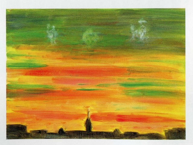 霞城館の図録「露風の童謡」の「赤蜻蛉」の挿絵。大谷隆子さんが教会の塔を描いた