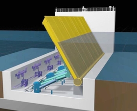 水門の鋼板が起き上がるイメージ・浮上途中（兵庫県提供）