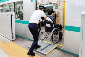 車いすの利用客の乗降介助を練習する神戸市営地下鉄の職員＝神戸市営地下鉄三宮駅
