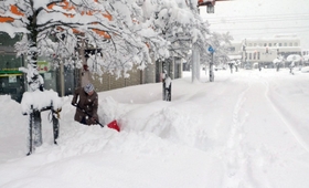 降り続く雪の中、雪かきをする女性＝２７日午前８時５分、朝来市和田山町東谷（撮影・竜門和諒）