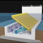 水門の鋼板が起き上がるイメージ・浮上途中（兵庫県提供）