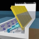 水門の鋼板が起き上がるイメージ・浮上途中（兵庫県提供）