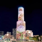 神戸ポートタワーを覆うプロジェクションマッピングのイメージ画像。神戸市民の花のアジサイで華やかに彩られる（提供写真）