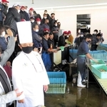 明石浦漁協の競りを見学する山口浩さん（手前右）と石山徹さん（同左）＝明石市岬町、明石浦漁協