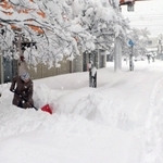 降り続く雪の中、雪かきをする女性＝２７日午前８時５分、朝来市和田山町東谷（撮影・竜門和諒）