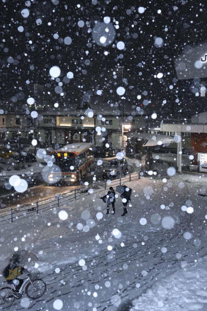 断続的に大粒の雪が舞うＪＲ豊岡駅前＝１３日夜、豊岡市大手町（撮影・小林良多）