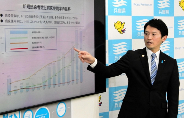 まん延防止等重点措置の要請について説明する斎藤元彦知事＝２０日午後、兵庫県庁（撮影・大島光貴）