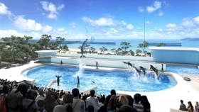 イルカによるパフォーマンスのイメージ図（神戸須磨　Ｐａｒｋｓ　＋　Ｒｅｓｏｒｔｓ　共同事業体提供）