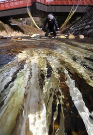 流水で洗われるコウゾの白皮＝兵庫県多可町加美区鳥羽、杉原川