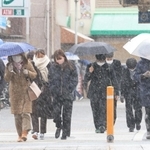 雪の中、身をちぢめて歩く人たち＝１２日午後、西宮市田中町（撮影・斎藤雅志）