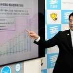 まん延防止等重点措置の要請について説明する斎藤元彦知事＝２０日午後、兵庫県庁（撮影・大島光貴）