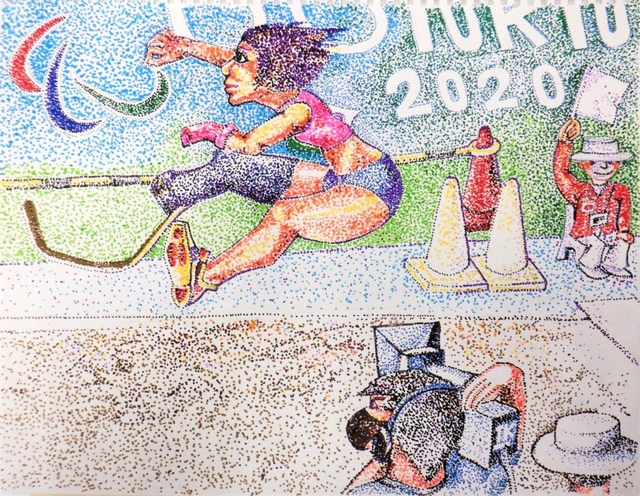 東京パラの女子走り幅跳びを点描で表現した、尼崎市立身体障害者福祉センターの縄威庸さんの作品