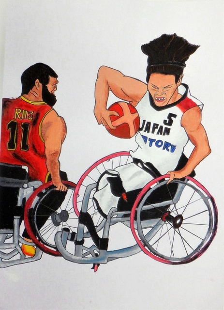 車いすバスケットボール男子の日本代表選手を躍動感たっぷりに描いた県立東はりま特別支援学校の松本想来さんの作品