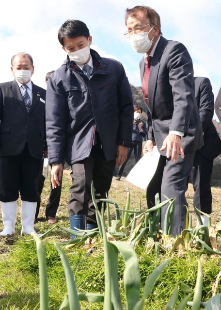 生産者から大雪などによる岩津ねぎの被害状況を聞く斎藤元彦知事（左から２人目）＝１１日午前、朝来市和田山町枚田