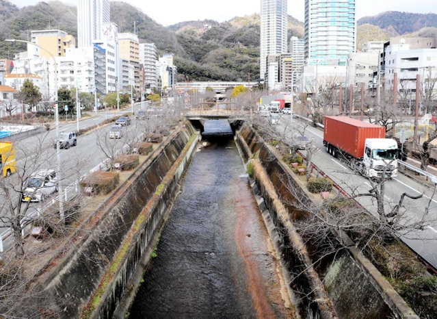 六甲山系山麓のＪＲ新神戸駅（奥）を通って神戸の市街地を流れる生田川＝神戸市中央区