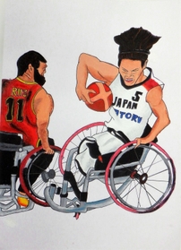 車いすバスケットボール男子の日本代表選手を躍動感たっぷりに描いた県立東はりま特別支援学校の松本想来さんの作品