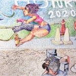 東京パラの女子走り幅跳びを点描で表現した、尼崎市立身体障害者福祉センターの縄威庸さんの作品