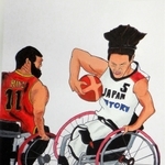 車いすバスケットボール男子の日本代表選手を躍動感たっぷりに描いた県立東はりま特別支援学校の松本想来さんの作品