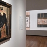 佐伯祐三「郵便配達夫」（１９２８年、左）や白隠の墨蹟などの山本發次郎コレクションを紹介する＝大阪市北区中之島４、大阪中之島美術館（撮影・坂井萌香）