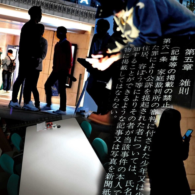 少年法の条文（右）、街角の若者（左上と右下）、弁護士事務所（左下）のコラージュ