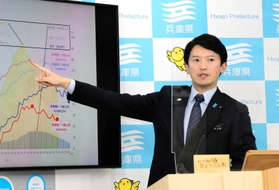 会見で病床使用率の高さについて説明する兵庫県の斎藤元彦知事＝４日午後、神戸市中央区、県庁