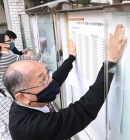 合格者の番号を張り出す大学職員＝７日午前、神戸市西区学園東町９、神戸市外国語大学（撮影・坂井萌香）