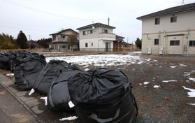 住民が避難したまま残された家屋や、建物が取り壊され、除染された空き地＝福島県富岡町