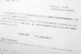 時短協力金の受領証（写真の一部を加工しています）