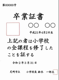 他校の学校印と校長印を押すミスがあった、尼崎市立小学校の卒業証書の見本。大きい赤い四角の部分に学校印、校長名の下に校長印を印刷している（尼崎市教育委員会提供）