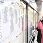 合格を確認し、張り出された番号を写真撮影する受験生と保護者＝７日午前、神戸市西区学園東町９、神戸市外国語大学（撮影・坂井萌香）