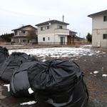 住民が避難したまま残された家屋や、建物が取り壊され、除染された空き地＝福島県富岡町