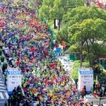 色とりどりのウェアで一斉にスタートするランナー＝神戸市中央区（２０１９年１１月撮影）