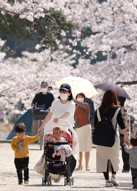 ぽかぽか陽気に包まれ、花見客も薄着に。散り始めたソメイヨシノの名残を惜しむ人でにぎわった＝９日午後、明石市の県立明石公園（撮影・小林良多）