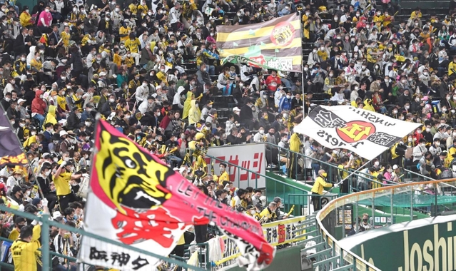 応援旗が振られ、盛り上がるライトスタンド＝甲子園球場（撮影・飯室逸平）