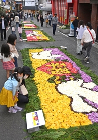 チューリップの花びらなどで彩った絵がそろったインフィオラータこうべ＝２３日午後、神戸市中央区元町通１、元町穴門商店街（撮影・坂井萌香）