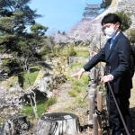 明石公園を視察し、伐採した樹木の状態を確認する兵庫県の斎藤元彦知事＝明石市明石公園