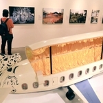 ガーナで死者をしのんで作られた飛行機型のひつぎ。国立民族学博物館の所蔵資料で、写真とともに文化を伝える＝西宮市大谷記念美術館