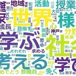 兵庫県内１０大学の入学式で学長が読んだ式辞を「テキストマイニング」で集約し、視覚的に図示したもの。「皆さん」などの呼び掛けや大学名など一部の言葉を省いて解析した
