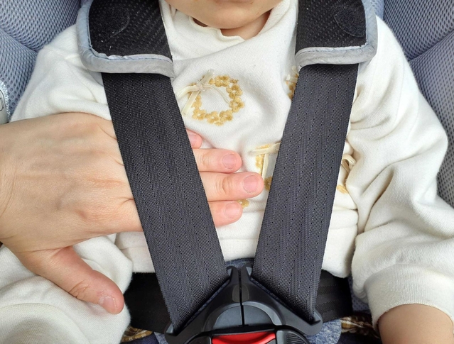 ハーネスは、子どもの体との間に大人の指が差し入れられる程度まで締める