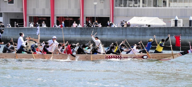 ペーロン伝来１００年の節目に新調され、こぎ手の力で進む新艇の「海龍」＝５日午前、相生湾（撮影・大山伸一郎）