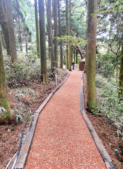 野外ステージへのアプローチのため森の中に設けられた通路。両側には線路で使われていた枕木が再利用されている＝神戸市灘区六甲山町