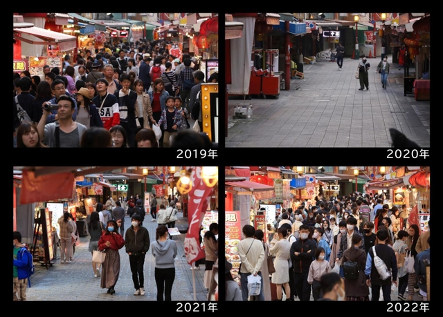 ２０１９～２２年の５月２日に定点撮影した南京町＝神戸市中央区（撮影・吉田敦史）