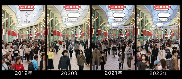 ２０１９～２２年の５月２日に定点撮影した神戸元町商店街＝神戸市中央区（撮影・吉田敦史）