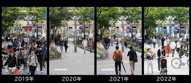 ２０１９～２２年の５月２日に定点撮影した神戸ハーバーランド＝神戸市中央区（撮影・吉田敦史）