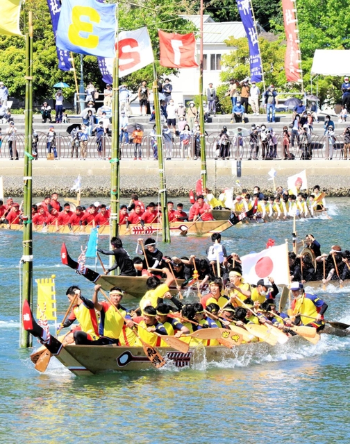 力と息を合わせて進むペーロン＝２９日午後、相生湾（撮影・大山伸一郎）